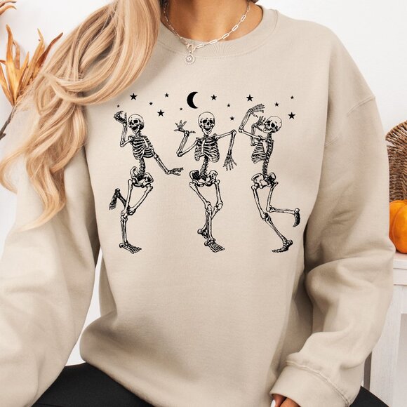 Halloween Sweatshirt Dancing Skeletons Unisex Handmade - Picture 1 of 3